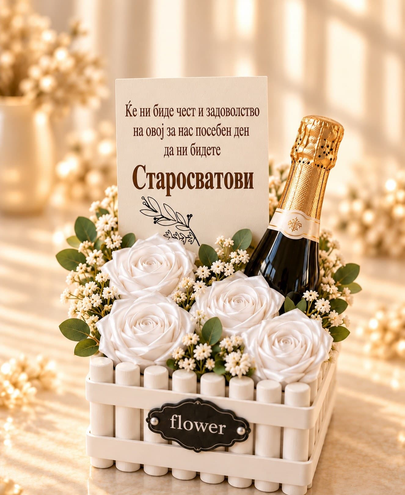 Кутија „Старосватови“ со бели свилени ружи и картичка (шишето не е вклучено)